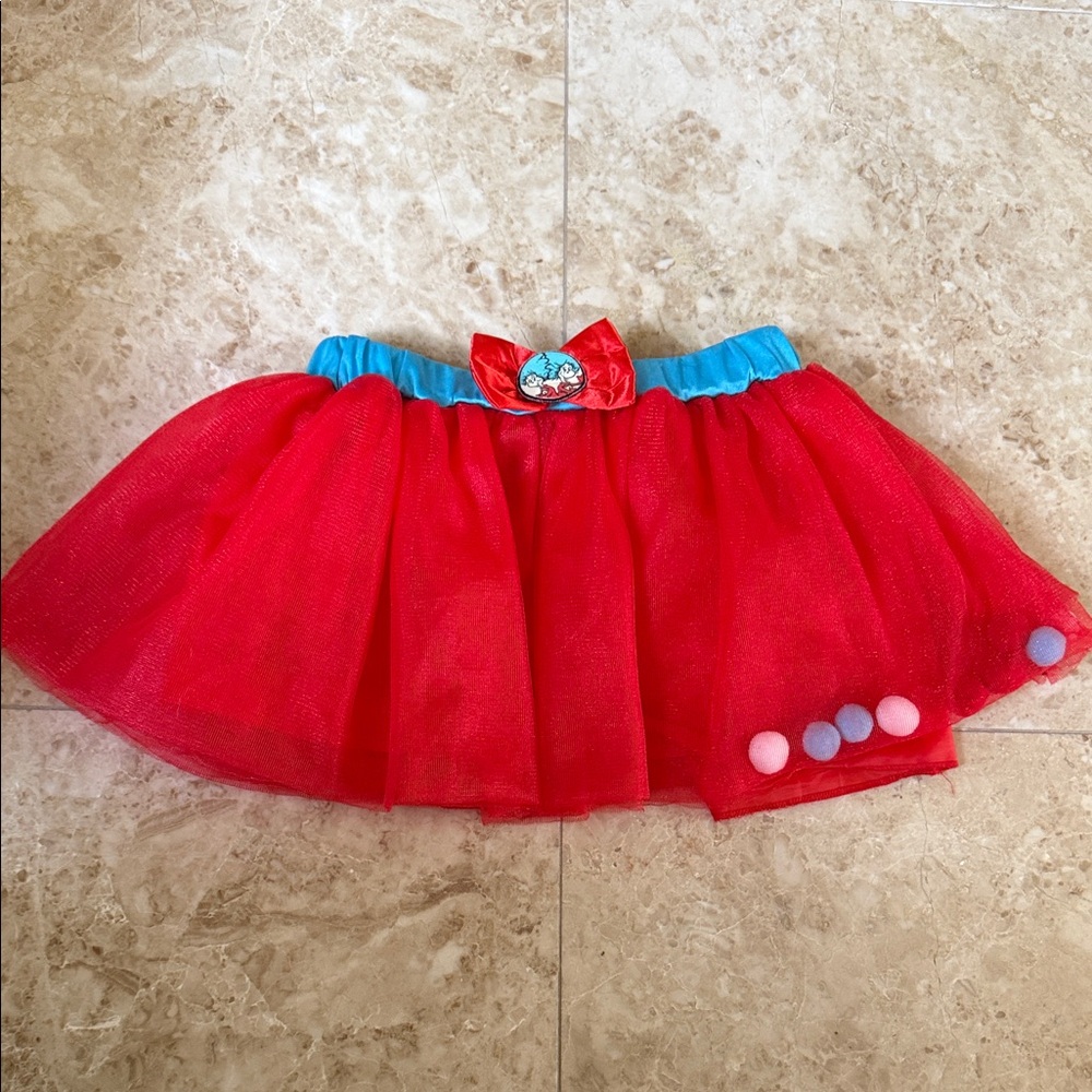Thing 1 and thing 2 Red Tulle Skirt with Blue Waist and Pom Detail